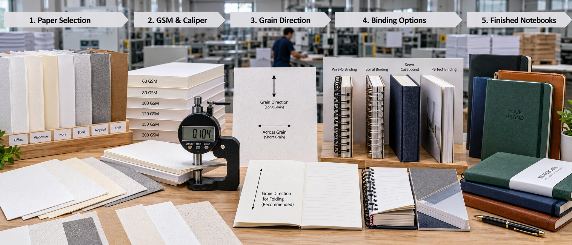 Best Paper for Notebook Printing: A B2B Buyer's Guide - Custom notebook manufacturing process showing paper selection, GSM grammage, caliper, grain direction alignment, and premium binding options for corporate gift buyers and stationery brands. Best Paper for Notebook Printing: A B2B Buyer's Guide - Custom notebook manufacturing process showing paper selection, GSM grammage, caliper, grain direction alignment, and premium binding options for corporate gift buyers and stationery brands.